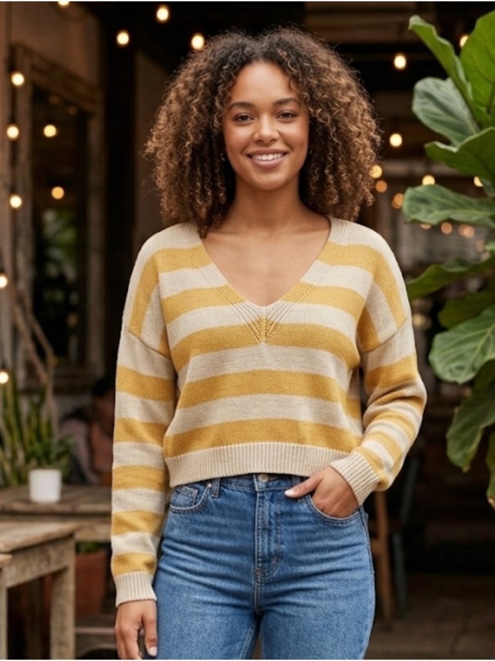 Nasty Gal Mustard and Tan Striped V-Neck Sweater size S
